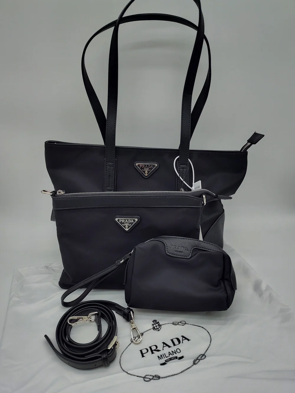 PRADA Black Nylon 3 Piece Tote Crossbody Pouch GWP Set Strap Dust Bag NWT